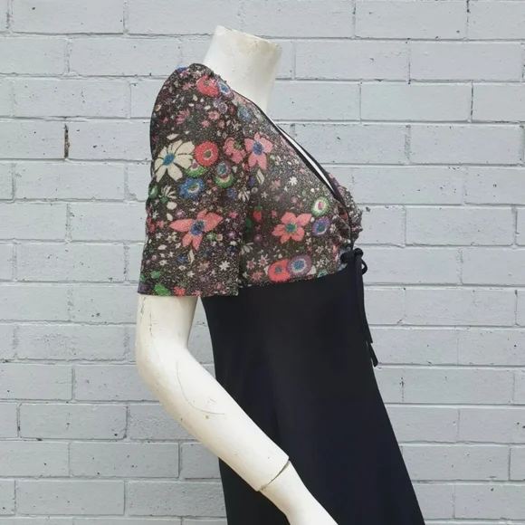 VTG 1970s Lurex Lame Metallic Floral Print Bow Maxi Cocktail Gown Dress Small 8 - Picture 6 of 9